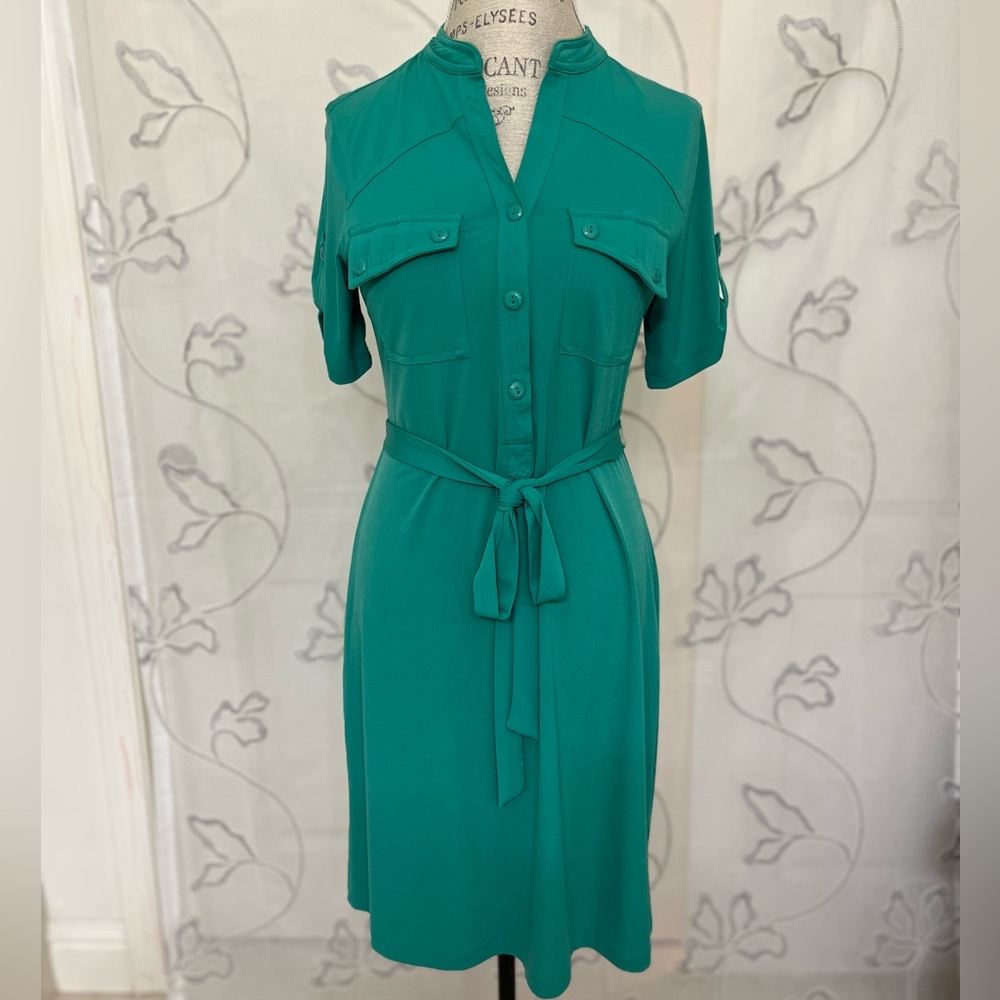 Jade green waist cinching knee-length dress